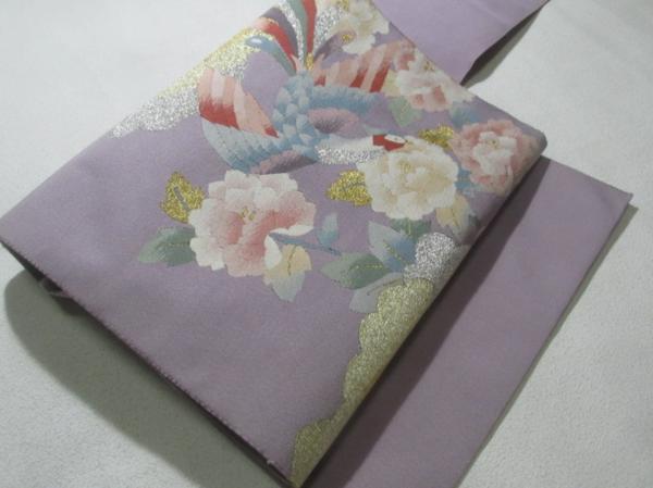 ★着物10★ 1円 絹 綴れ 尾長鶏に牡丹 名古屋帯 ☆☆☆