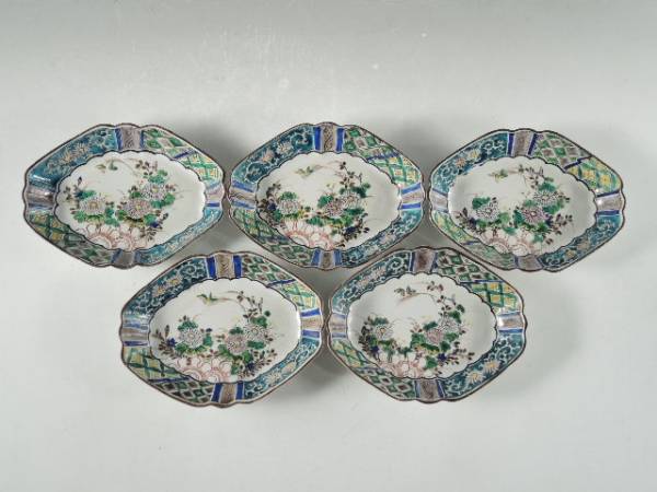 ◆栄◆古九谷 色絵 花蝶 菱形 飾皿 5客 明治 72a118