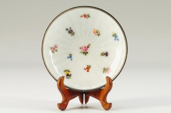 ★StirlingSilver★七宝花柄ガラス小皿105g唐木皿立て付◆680k18