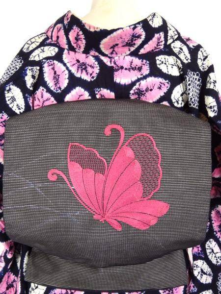 豆菊*絽！刺繍の蝶＊夏夜を妖しい美しさで舞い踊る*夏帯♪176