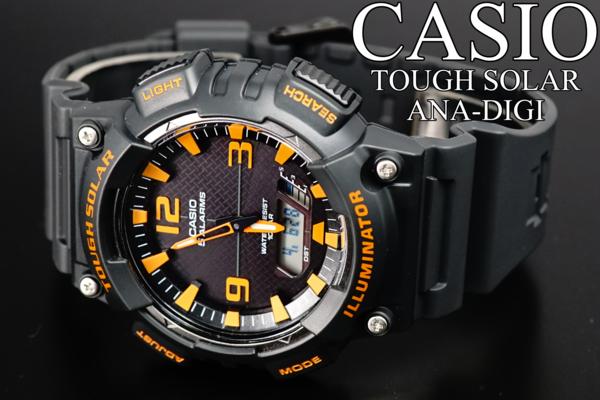 1円～新品美しすぎるBLACK×ORANGEカシオSOLARアナデジ腕時計
