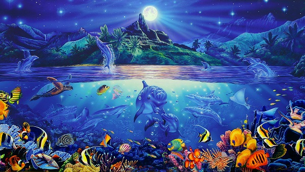 ラッセン 巨大版画 イルカ夜景マウイ夜月珊瑚礁魚月夜海風景絵画
