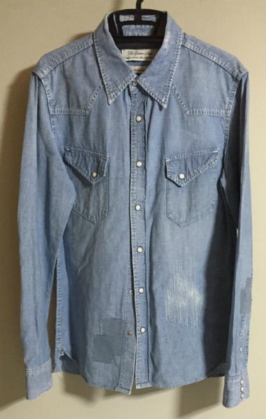 レミレリーフ 刺繍＆パッチワーク USED加工デニムシャツ L
