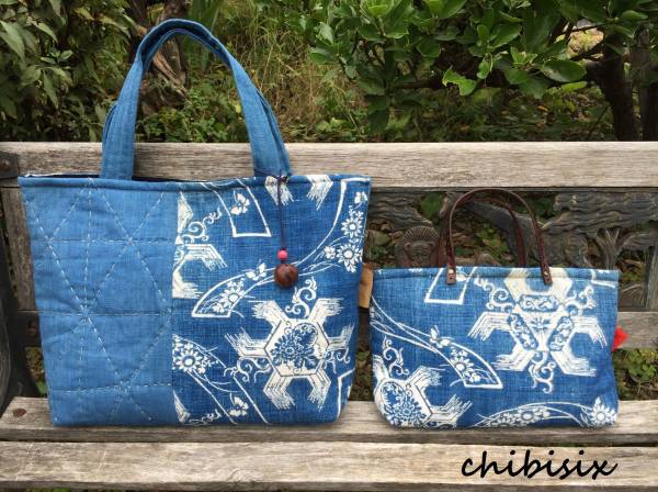 chibisix○ハンドメイド 古布 バッグ○型染め 刺し子 2点セット