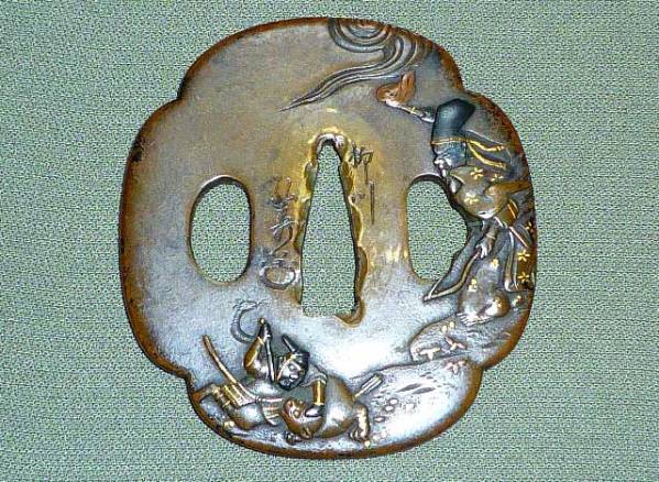 名品鍔　上工　「柳川　弘寿花押」　源頼政　鵺（ぬえ）退治図