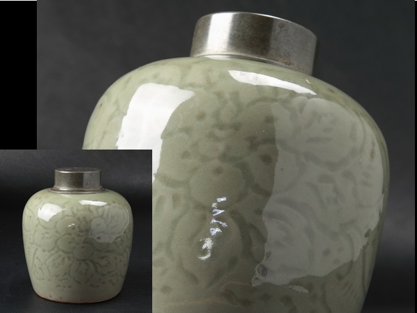 蔵出/時代煎茶/古玩/青磁/陰刻蘭花文古錫蓋茶壷12㎝/320 当方では入札
