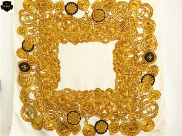 CHANEL☆vintage☆スカーフ 大 チェーン ココマーク ゴールド 白