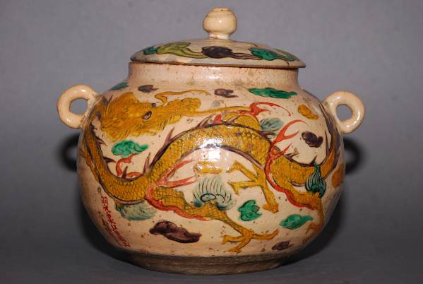 古い時代物　京焼　清水六兵衛　色絵 龍　替蓋あり 箱付 茶道具