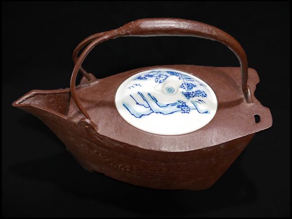 大徳寺御釜師 佐藤浄清 宝船銚子 染付替蓋添 茶道具 鉄瓶 未使用 佐藤