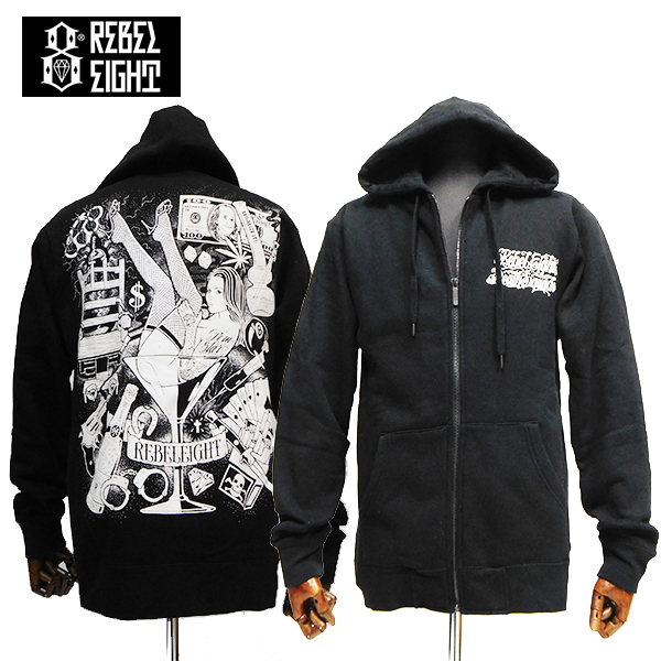 １円肉厚REBEL8レベルエイト裏起毛背中プリントジップパーカー