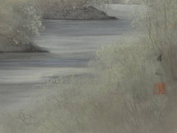激安大特価，限定セール 鑑定 福岡画家・白石 勝敏 筆 山邨図 掛軸 共箱・