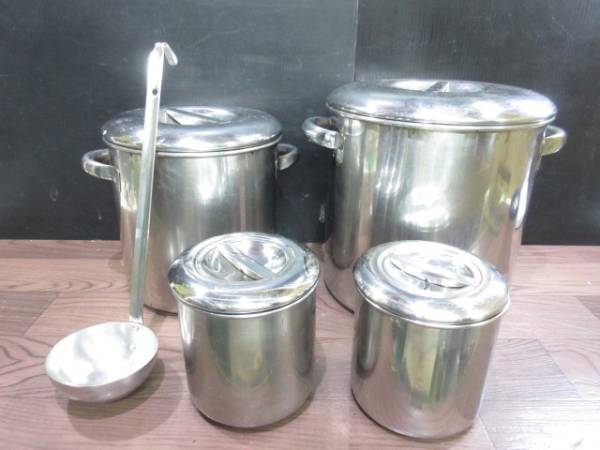 A142 美品 業務用ステンレスキッチンポット 丸型4点セット+お玉