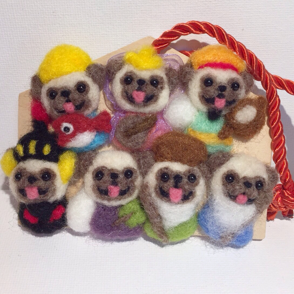 七福 パグ 七福神 絵馬 羊毛フェルト ハンドメイド お正月 犬