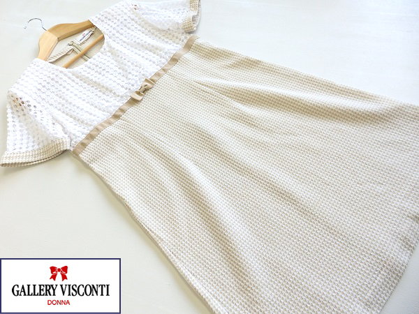 ブランド服★ギャラリービスコンティ やわらかワンピース M 白/ベージュ 美品♪ 即決 レース使い☆