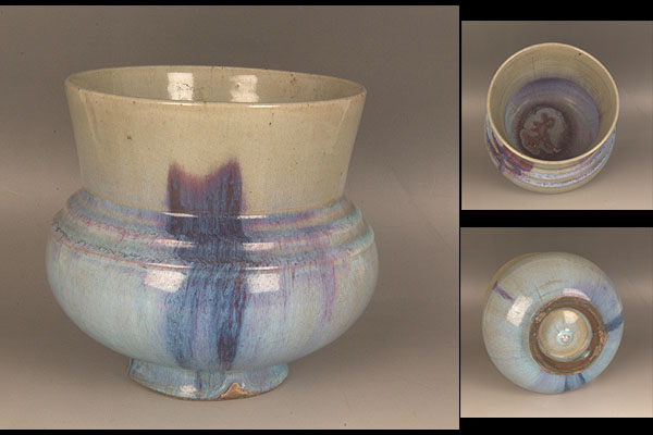 ■神秘的な景色！鈞窯澱青釉紫紅斑広口壷　宋時代■ ai17