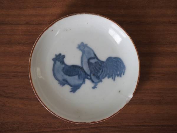 ◆　古伊万里　こんにゃく印判　小皿　鶏図　江戸時代　◆