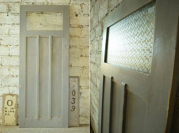 J039［W79×H196］アンティークドア レトロ花ガラス扉 古い洋館の木製片開き建具 カフェ店舗リフォーム トイレ ペイント ビンテージ ftg