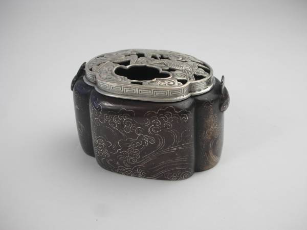 明治期 金工 古銅 銀象嵌 鶴透かし蓋香炉☆蒔絵彫金彫刻鉄瓶