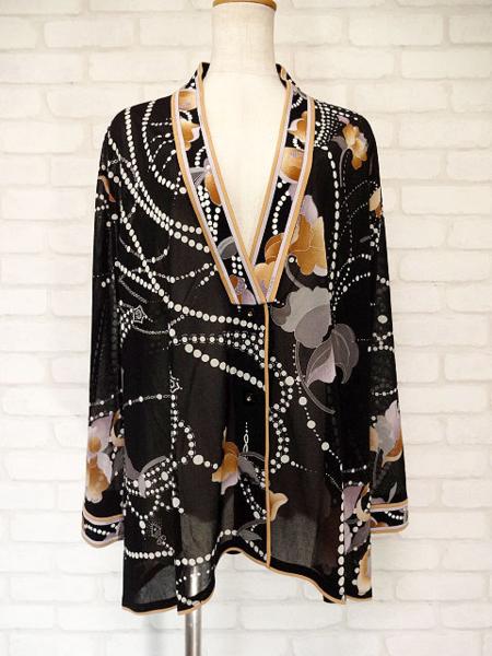 ☆美品☆レオナール/ドット花柄シフォンカーディガン黒系xb371