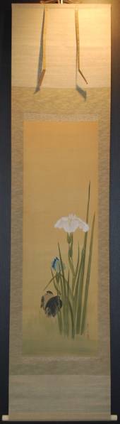 ◎逸品！ 渡辺省亭 「花菖蒲と野鳥図」 肉筆絹本 掛軸 共箱 落款 絵画