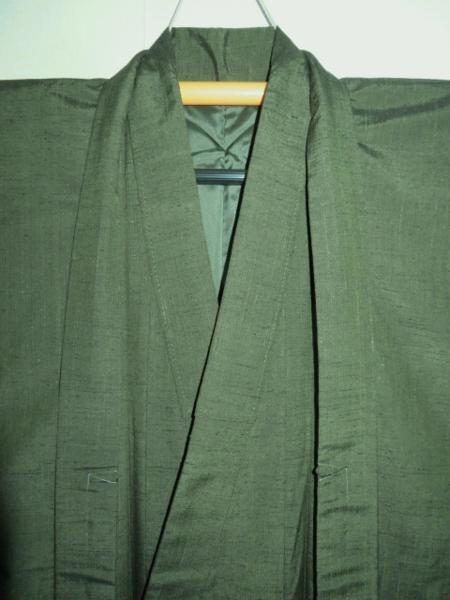 壱0033本絹米澤ぜんまい生紬男着物羽織 裄72丈147К老竹色未着用