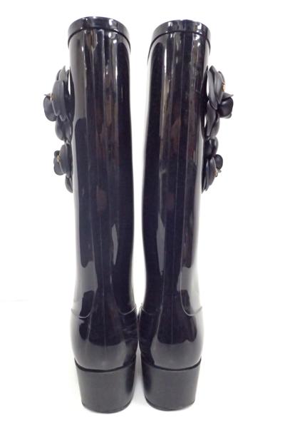 中古◆シャネル CHANEL カメリア レインブーツ ココマーク 37 黒