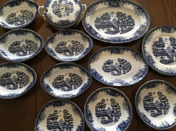 古いディナー・カレー皿のセット 西洋風のブルーの絵柄 12P カレー皿