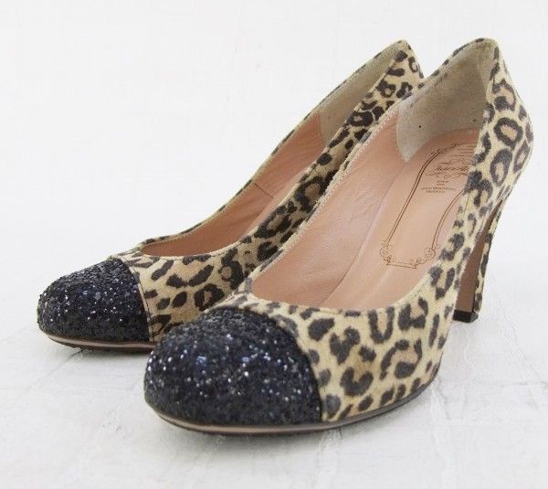 カリアング グリッター スエード レオパード ヒール パンプス ベージュ ブラック 23.5* 59956