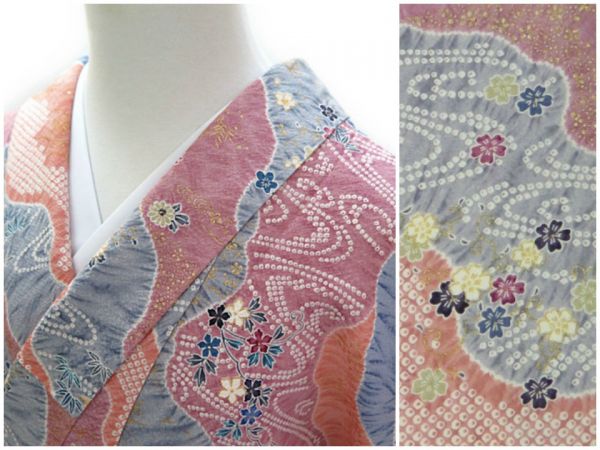 着物の桜 美品『ちりめんに和の香嬉しき春の夢』絞り風小紋 ｋ-147