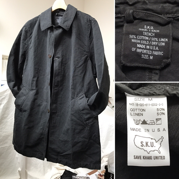 新品正規 62%off 米国製 セーブカーキ SAVE KHAKI UNITED コットンリネン シングルトレンチコート 黒M/定3.56万 USA 春ステンカラーコート