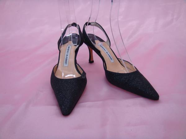 人気定番モデル！マノロブラニク　バックストラップサンダル　ブラックグリッター　371/2 　　E042FJ
