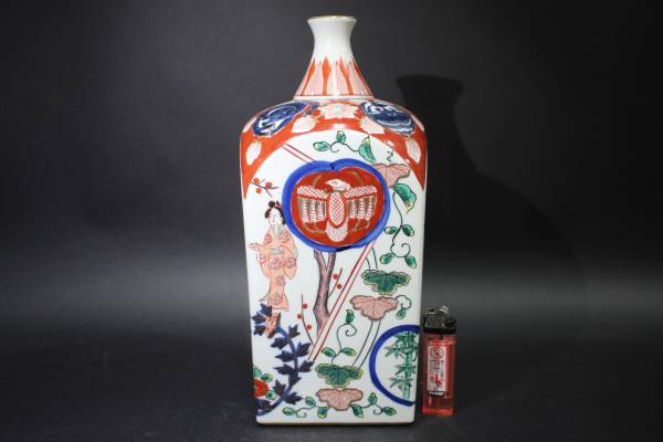 古伊万里 - | 時代古伊万里二重角福色絵漢詩馬文徳利一対保存箱 : 大型