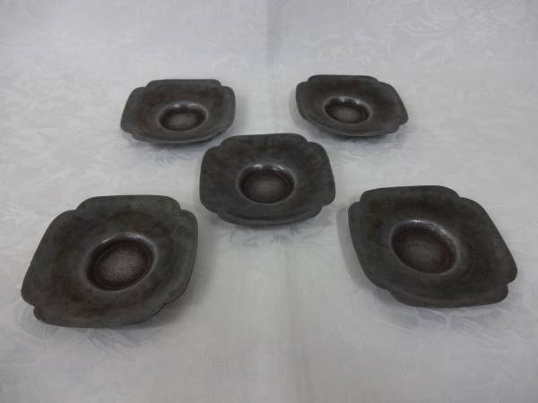 古錫製 花草漢詩彫茶托 5枚 茶道具 煎茶道具 細密彫刻 在銘