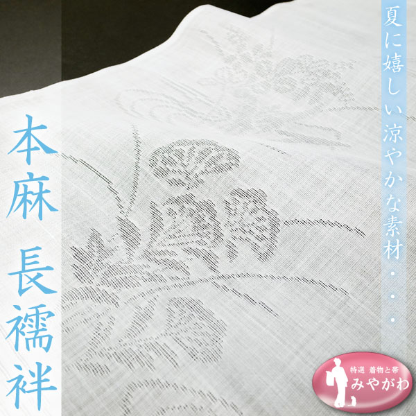 ◆みやがわ KS3707.長襦袢 反物 夏物 本麻 紋紗 志賀麻 白 流水 撫子 萩 暑い季節におすすめ