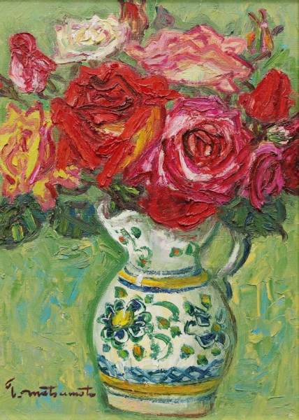 松本富太郎　スペイン壷の薔薇　油絵　油彩画　絵画 近代美術協会代表 松本富太郎 重厚油彩4号「薔薇（スペイン壺）」 日展