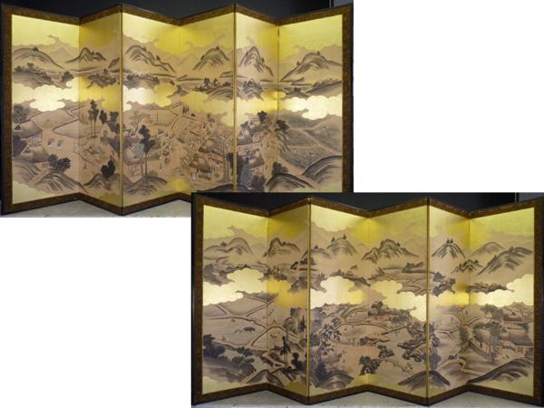 都屋】農耕図屏風 六曲一双 紙本肉筆 無落款