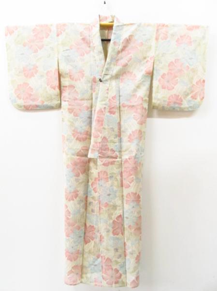 【超美品】単衣　紬　夏着物 草花模様 正絹　身丈150cm裄62cm 草花模様 ☆着物10☆ 1円 絹 夏紬 草花 花畑 単衣 着物 身丈160cm 裄64cm