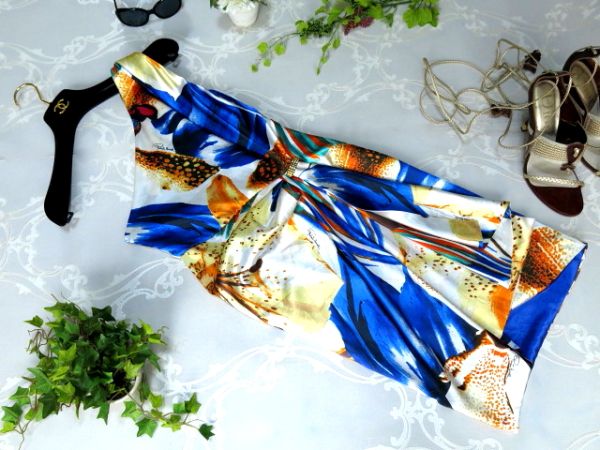 ■美品■roberto cavalli ロベルト カヴァリ■ワンショルダー ドレープ ワンピース■イタリア製■青 ブルー 白■光沢感■華やかセクシー