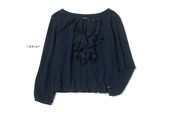 美品★INDIVIインディヴィ1.1万★お洒落!デザインブラウス紺K180