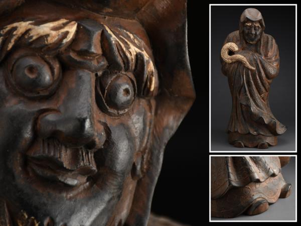 【古多】時代古木彫漆塗達磨像◆古美術/時代品