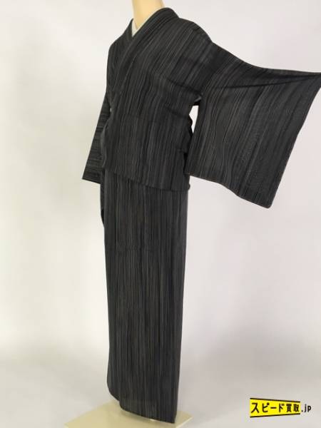 スピ買□ 着物 1円 逸品 塩沢紬 グレー 縦縞 夏塩沢 やまだ織 夏物