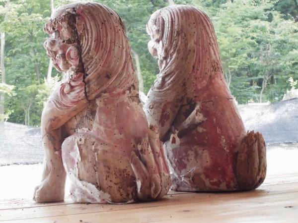 木彫狛犬 阿吽一対(高さ46㎝) 玉眼 獅子 木鼻 鎌倉室町江戸 仏教美術