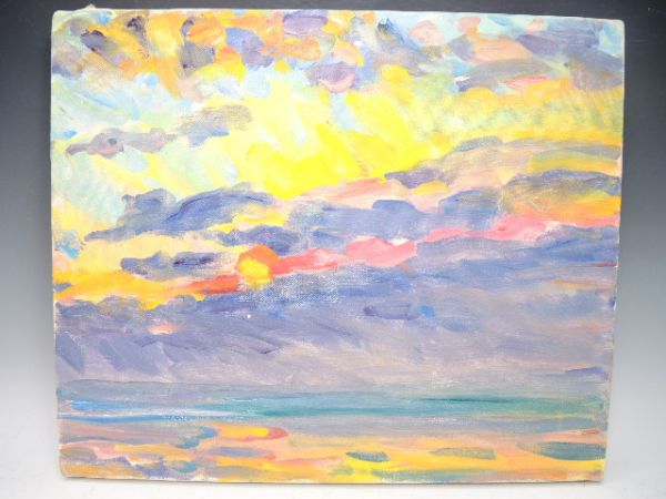 真作】絵画 井手宣通 油彩6号 白い夜の雲 熱海にて 夜の港町 Z64 真作
