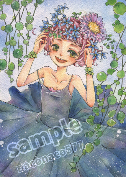 同人手描きイラスト オリジナル 花冠 女の子 A5サイズ 水彩(手描き 