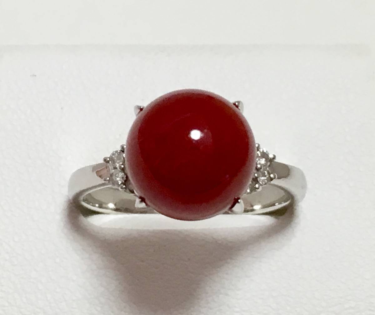 ◇美品 天然血赤珊瑚 9.6mm サンゴ ダイヤモンドリング 0.10ct/Pt900 