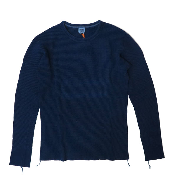 BARNS バーンズ メンズ 長袖 クルーネック　ワッフル　サーマル Tシャツ ブルー L インディゴ 訳あり