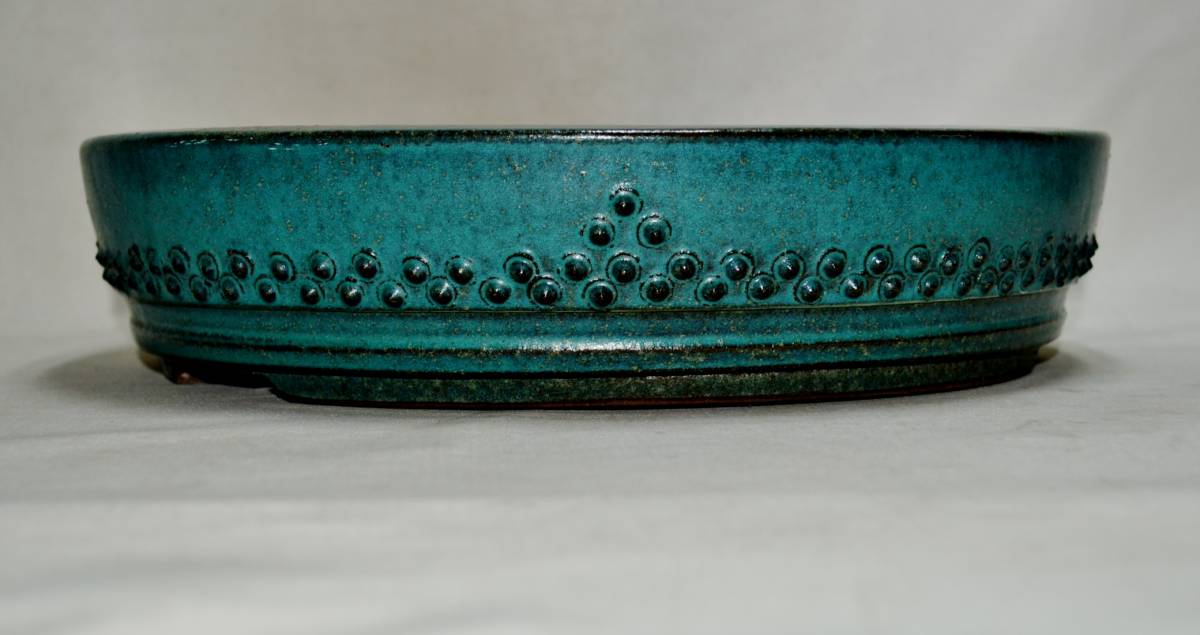 『立花造印』古い窯変織部釉の太鼓形の約31，7㌢の鉢 ringo68686