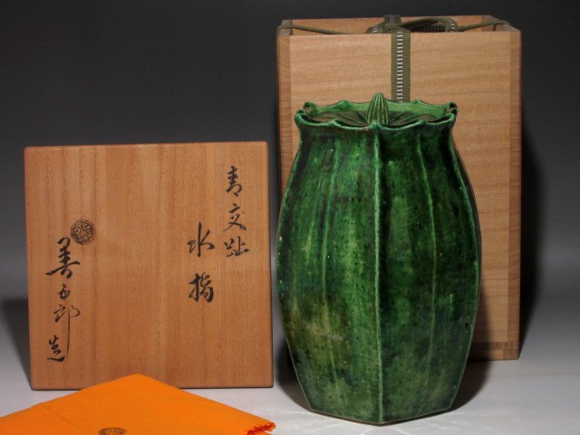 清水悠三 秀逸作 緑釉面取花瓶共箱（師）楠部彌 弌⑥ 楠部彌弌 Yahoo!オークション - 緑釉鳥文花瓶 共箱 本物保証 清水悠三