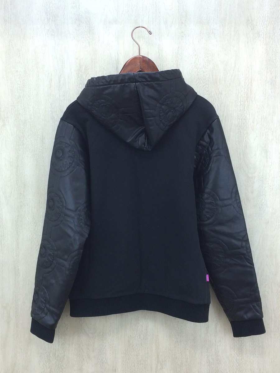 MISHKA◇袖フード切り替えパーカースタジャン/コットン/フェイクレザー/BLK