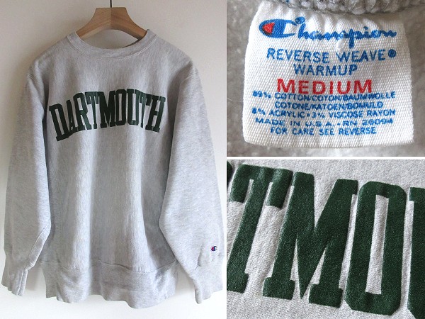 【赤字超特価，安い】 80s ビンテージ トリコタグ Champion チャンピオン DARTMOUTH カレッジプリント リバースウィーブ スウェット M グレー USA製(スウェットシャツ)｜売買されたオークション情報、yahooの商品情報をア 男性用